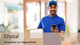  Presentation with information and communication technology in service delivery - PPT layouts with mail service technology and shipment background and a lemonade colored foreground