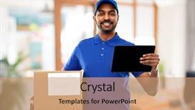  Presentation with information and communication technology in service delivery - Colorful slide deck enhanced with mail service technology and shipment backdrop and a coral colored foreground