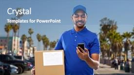  Presentation with mail - PPT theme having mail service technology shipment concept happy indian delivery man smartphone parcel box blue uniform venice beach background california background and a teal colored foreground