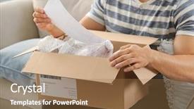  Presentation with mobil home park - Slide deck featuring mailing list - young man unpacking parcel background and a coral colored foreground