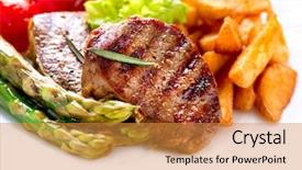  Presentation with meat beef - Colorful PPT layouts enhanced with main meal - grilled beef steak meat backdrop and a gold colored foreground