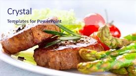  Presentation with food bbq - Theme having main course - grilled beef steak meat background and a sky blue colored foreground