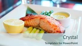  Presentation with steak - PPT theme having main course - salmon steak cooked in asian background and a sky blue colored foreground