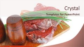  Presentation with main course - Colorful theme enhanced with main course fresh raw beef backdrop and a sky blue colored foreground