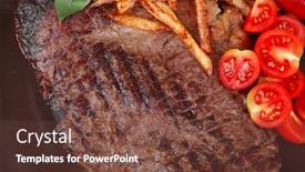  Presentation with main course - Audience pleasing PPT theme consisting of main course grill beef steak with potato chips and fresh cherry tomato red hot chili peppers on plate isolated on white background backdrop and a tawny brown colored foreground