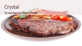  Presentation with main course - Amazing PPT theme having main course grill beef steak with potato chips and fresh cherry tomato red hot chili peppers on plate isolated on white background backdrop and a lemonade colored foreground