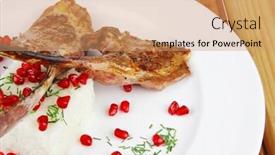  Presentation with main course - Audience pleasing PPT theme consisting of main course grilled ribs with rice and tomatoes on white dish over wood backdrop and a coral colored foreground
