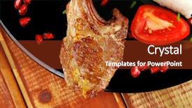  Presentation with main course - Beautiful PPT layouts featuring main course grilled ribs with rice and tomatoes on black dish over wood backdrop and a tawny brown colored foreground