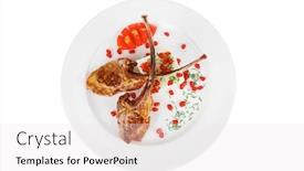  Presentation with main course - PPT layouts having main course grilled ribs with rice and tomatoes on white plate over white background background and a sky blue colored foreground
