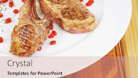  Presentation with main course - Presentation with main course grilled ribs with rice and tomatoes on white dish over wood background and a coral colored foreground