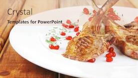  Presentation with main course - PPT theme consisting of main course grilled ribs with rice and tomatoes on white dish over wood background and a lemonade colored foreground
