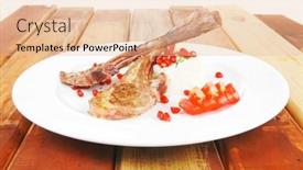  Presentation with main course - Slides featuring main course grilled ribs with rice and tomatoes on white dish over wood background and a lemonade colored foreground