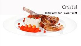  Presentation with main course - Slide deck having main course grilled ribs with rice and tomatoes on white plate over white background background and a white colored foreground