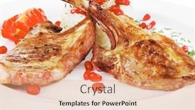  Presentation with main course - PPT layouts featuring main course grilled ribs with rice and tomatoes on white plate over white background background and a coral colored foreground