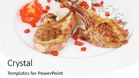  Presentation with main course - Colorful slide deck enhanced with main course grilled ribs with rice and tomatoes on white plate over white background backdrop and a white colored foreground