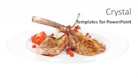 Presentation with main course - Slide deck consisting of main course grilled ribs with rice and tomatoes on white plate over white background background and a white colored foreground