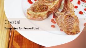  Presentation with main course - Amazing PPT theme having main course grilled ribs with rice and tomatoes on white dish over wood backdrop and a coral colored foreground