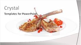  Presentation with main course - Cool new theme with main course grilled ribs with rice and tomatoes on white plate over white background backdrop and a white colored foreground