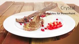  Presentation with main course - Audience pleasing PPT theme consisting of main course grilled ribs with rice and tomatoes on white dish over wood backdrop and a lemonade colored foreground