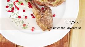  Presentation with main course - Colorful PPT theme enhanced with main course grilled ribs with rice and tomatoes on white dish over wood backdrop and a coral colored foreground