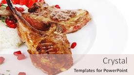  Presentation with main course - Audience pleasing slides consisting of main course grilled ribs with rice and tomatoes on white plate over white background backdrop and a soft green colored foreground