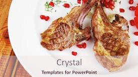  Presentation with main course - Slide deck consisting of main course grilled ribs with rice and tomatoes on white dish over wood background and a lemonade colored foreground