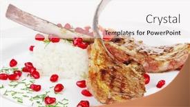  Presentation with main course - Audience pleasing theme consisting of main course grilled veal ribs with rice and tomatoes on white plate over white background with pomegranate seeds backdrop and a sky blue colored foreground