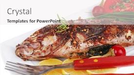  Presentation with main course - Beautiful slides featuring main course isolated on white whole fried sunfish on plate with lemons and peppers backdrop and a white colored foreground