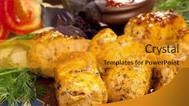  Presentation with main course - Theme enhanced with main course of chicken brisket pieces served with vegetables background and a gold colored foreground