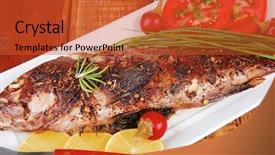  Presentation with main course - Slide set featuring main course on wood whole fried sunfish on plate with lemons and peppers background and a red colored foreground