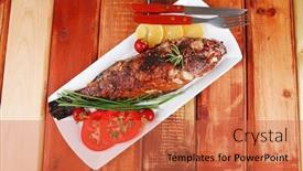 Presentation with main course - Slides with main course on wood whole fried sunfish on plate with lemons and peppers background and a red colored foreground