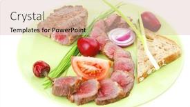  Presentation with main course - Amazing slide deck having main course roast red meat slices served on green plate with tomatoes and sprouts isolated on white background backdrop and a lemonade colored foreground