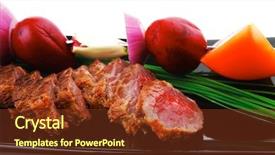  Presentation with main course - PPT theme having main course roast red meat slices served on black plate with vegetables on spit isolated on white background background and a tawny brown colored foreground