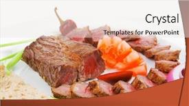  Presentation with main course - Colorful presentation theme enhanced with main course roast red meat slices served on white plate with tomatoes sprouts and bread isolated on white background backdrop and a sky blue colored foreground