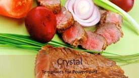  Presentation with main course - PPT theme consisting of main course roast red meat slices served on green plate with tomatoes and sprouts isolated on white background background and a red colored foreground