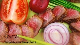  Presentation with main course - PPT layouts with main course roast red meat slices served on green plate with tomatoes and sprouts isolated on white background background and a red colored foreground