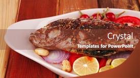  Presentation with main course - Theme featuring main course whole fried seabass served on wood with lemons tomatoes and peppers background and a tawny brown colored foreground