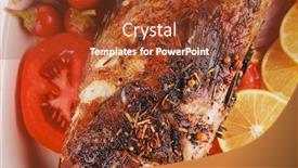  Presentation with main course - Cool new theme with main course whole fried sunfish on plate with lemons and peppers backdrop and a tawny brown colored foreground