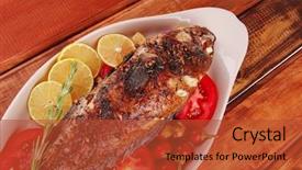 Presentation with main course - Slides having main course whole fried sunfish on wooden table with lemons and peppers background and a red colored foreground