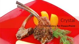  Presentation with mango fruit - Presentation theme with main entree grilled beef small ribs served with mango fruit and filled avocado on red dish isolated over white background background and a red colored foreground