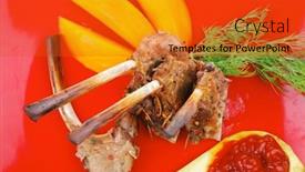  Presentation with mango fruit - Cool new presentation with main entree grilled beef small ribs served with mango fruit and filled avocado on red dish isolated over white background backdrop and a red colored foreground