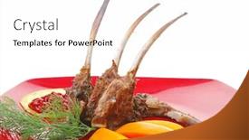  Presentation with mango fruit - Theme featuring main entree grilled beef small ribs served with mango fruit and filled avocado on red dish isolated over white background background and a white colored foreground