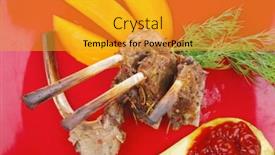  Presentation with mango fruit - PPT layouts consisting of main entree grilled beef small ribs served with mango fruit and filled avocado on red dish isolated over white background background and a gold colored foreground