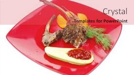  Presentation with mango fruit - Beautiful PPT theme featuring main entree grilled beef small ribs served with mango fruit and filled avocado on red dish isolated over white background backdrop and a red colored foreground