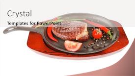 Presentation with hot metal - Slide deck consisting of main entree platter of roasted beef steak served with hot cayenne peppers cherry tomato green chives on metal pan isolated over white background background and a light gray colored foreground