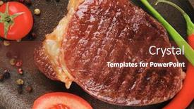  Presentation with hot metal - Slides enhanced with main entree platter of roasted beef steak served with hot cayenne peppers cherry tomato green chives on metal pan isolated over white background background and a tawny brown colored foreground