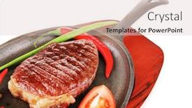  Presentation with hot metal - Cool new presentation theme with main entree platter of roasted beef steak served with hot cayenne peppers cherry tomato green chives on metal pan isolated over white background backdrop and a lemonade colored foreground