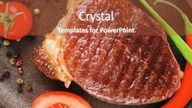  Presentation with hot metal - Colorful presentation theme enhanced with main entree platter of roasted beef steak served with hot cayenne peppers cherry tomato green chives on metal pan isolated over white background backdrop and a red colored foreground