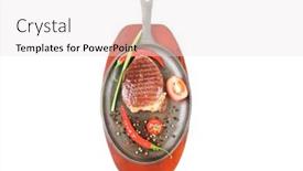  Presentation with hot metal - Presentation design enhanced with main entree platter of roasted beef steak served with hot cayenne peppers cherry tomato green chives on metal pan isolated over white background background and a white colored foreground
