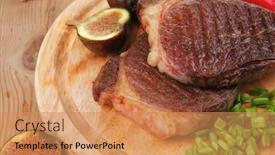  Presentation with cutlery - Beautiful PPT layouts featuring main entree roasted beef lamb steak served with hot cayenne peppers green stuff sweet figs and cutlery on wood plate over wooden table backdrop and a coral colored foreground